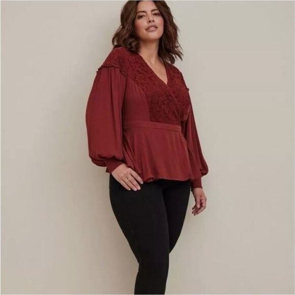 Torrid Crinkle Gauze Lace Inset Surplice Top. Brown 3X - Picture 1 of 16